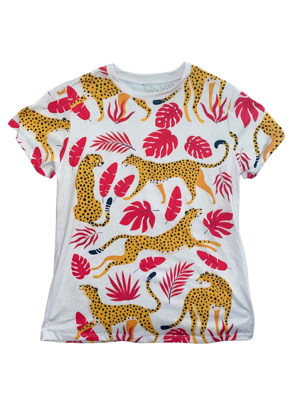 Womens M Cheetah Leopard Tropical Print Shirt Jungle Animal Short Sleeve Tee